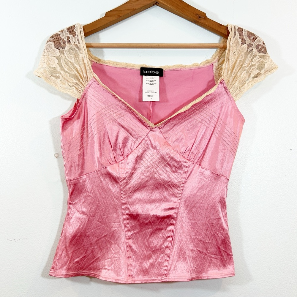 bebe Pink Satin Camisole with Cream Lace Cap Sleeves
